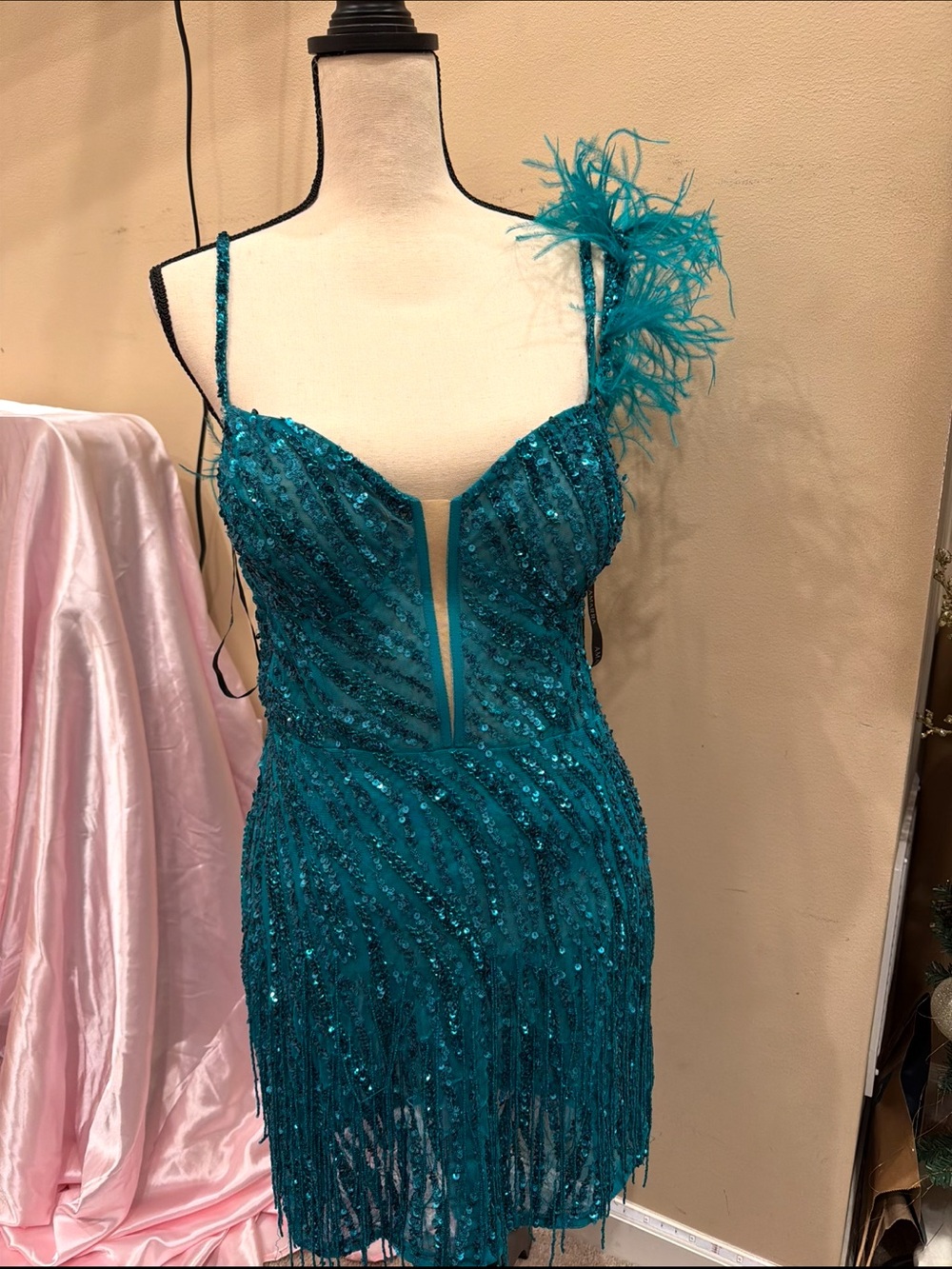 Teal Sequin Fringe Homcoming Dress with Feather Accent